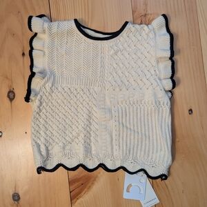 Cream Crochet / Knit Sleeveless Sweater with Black Trim